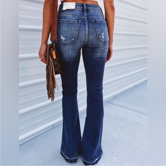 Kancan Morgan High Rise Flare Two Tone Raw Hem Flare Distressed Denim Jeans - Picture 2 of 12